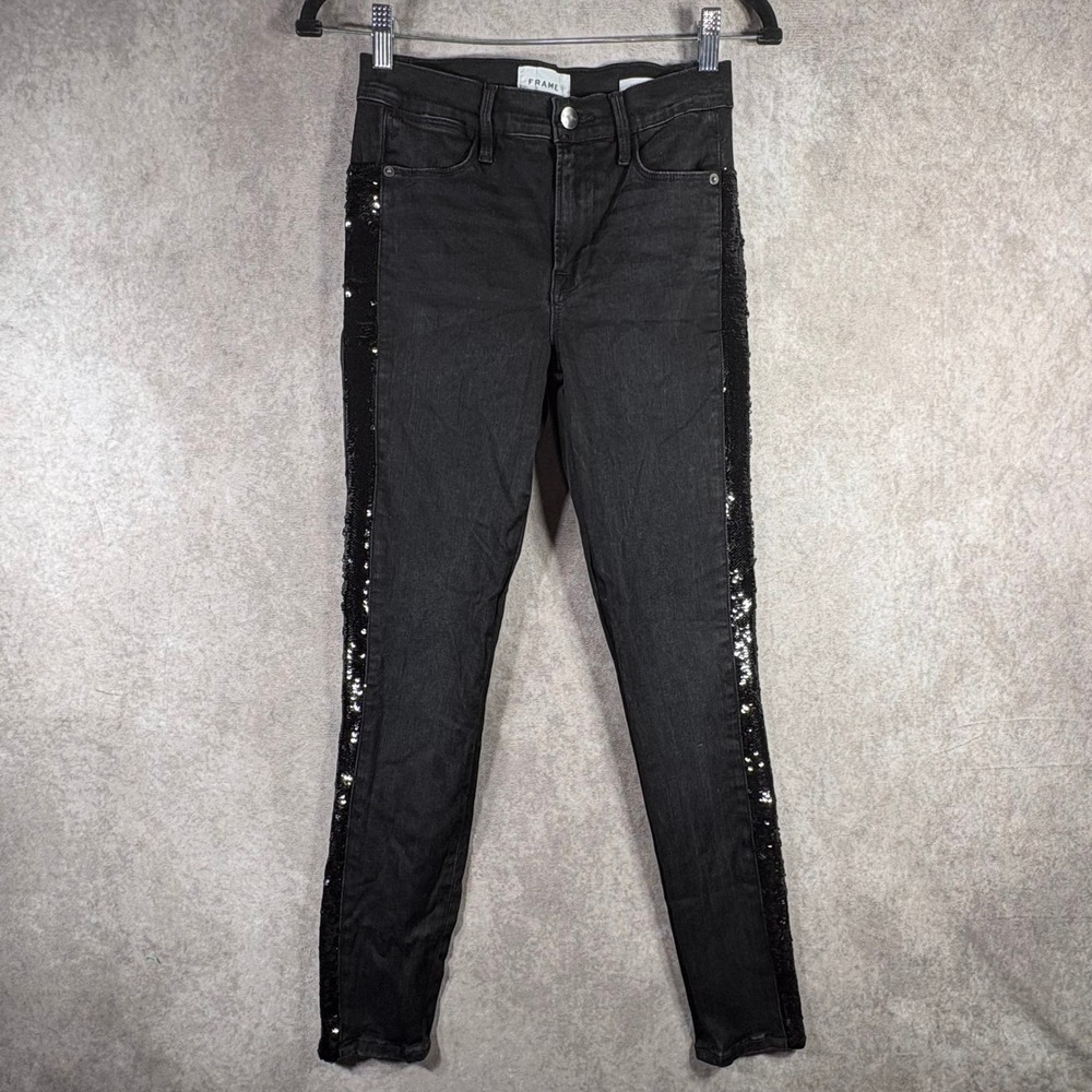 Frame Jeans Womens Size 27 Black Le High Skinny Noir Sequin Side‎ Stripe Denim